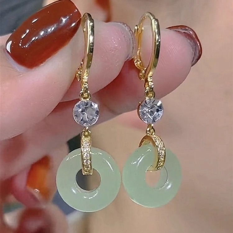 Novi dugi naušnici s palaćnim starinskim štihom, sigurnosnim kopčama, imitacijom jadeita, elegantan retro dizajn za žene