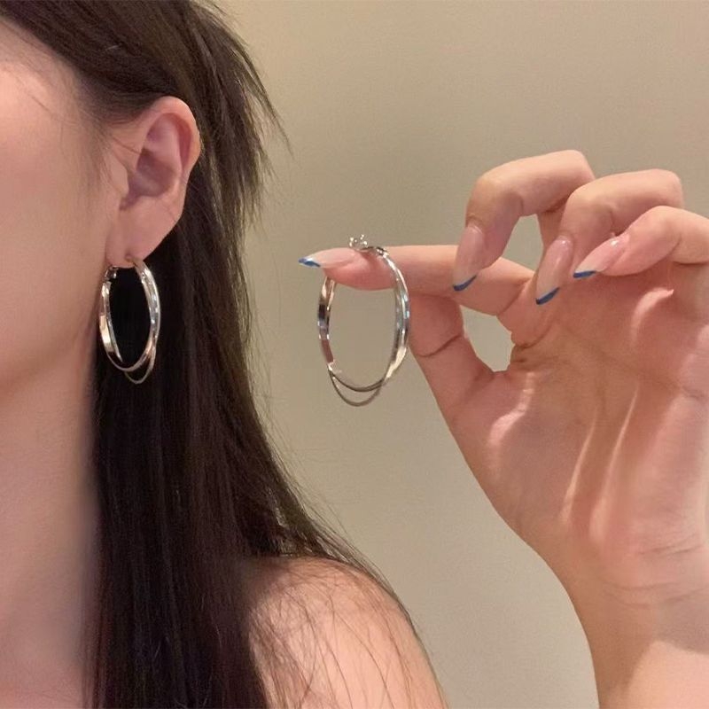 Cercei cu cercuri dublu stratificate din argint 925, pentru femei – mari și eleganți