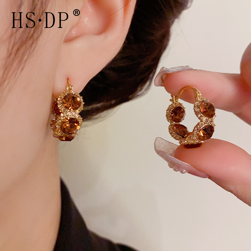 Francuski retro stil, kružni naušnici sa cirkonima, hongkonškog stila, nišni dizajn, profinjen lagani luksuz, modne naušnice za žene
