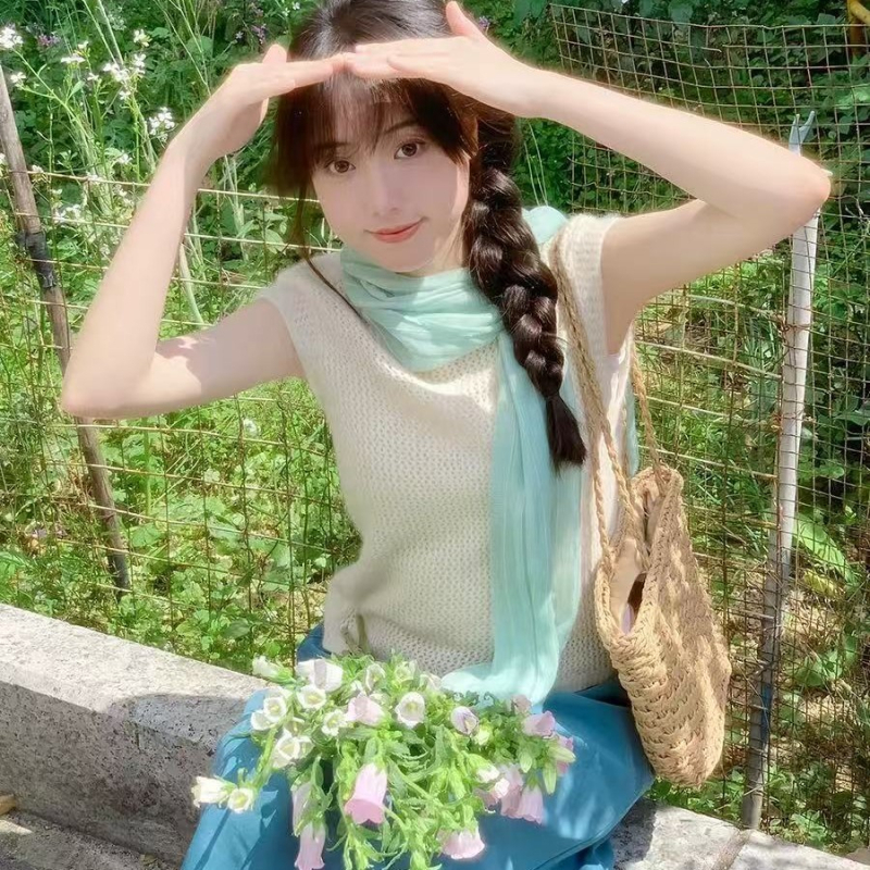Zeleni retro umjetnički japanski stil ženski šal od pamuka-lina, jednofarban, za proljetna i jesenska putovanja