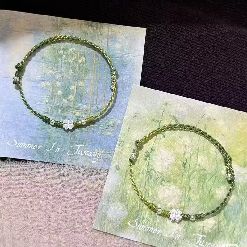 Zelena narukvica od voskanog konca sa četverolisom i leptirom, za žene, moderan i laskav dizajn, svestrani luksuzni dodatak