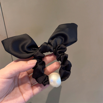 Francuski stil minimalistička crna gumica za kosu s ušima zeca i perlom, elegantan dodatak za rep