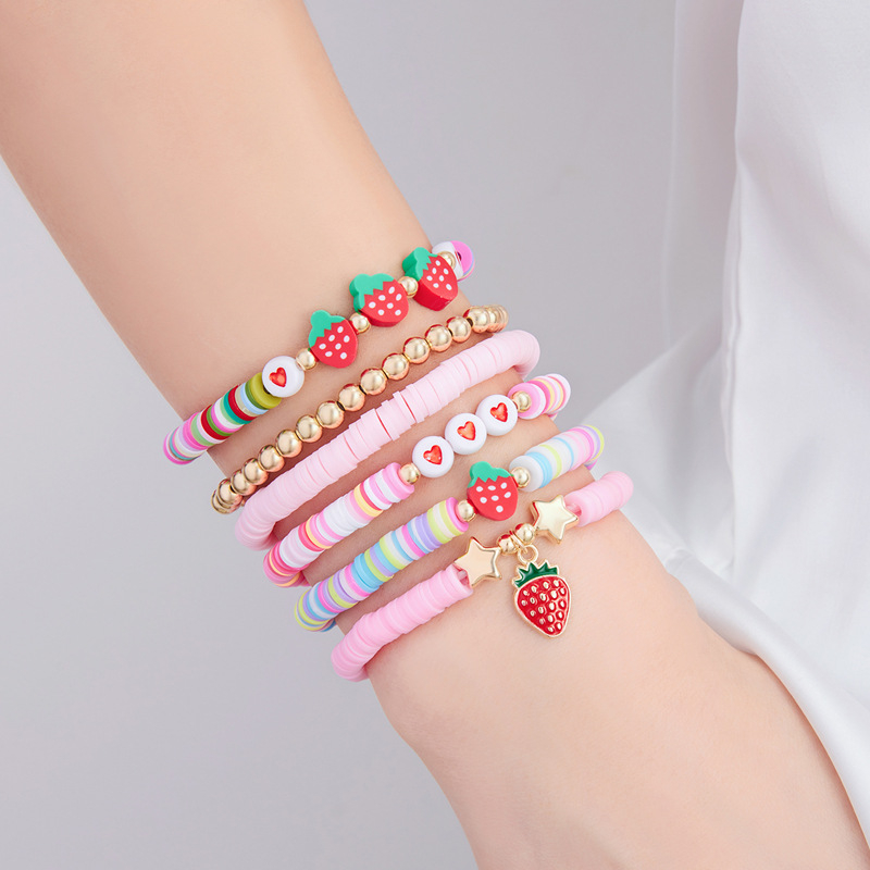 Set od 6 ružičastih narukvica s jagodama, ručna izrada od mekane gline, boho stil