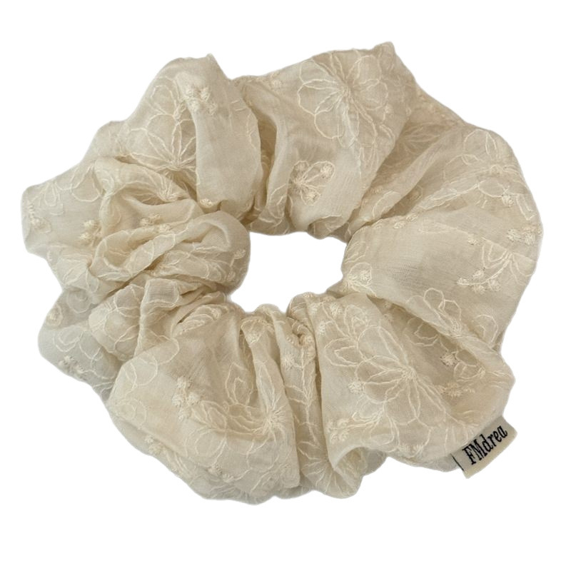 Elastic de păr vintage artistic, dantelă brodată pe bumbac, croșetat manual, bej, accent floral elegant