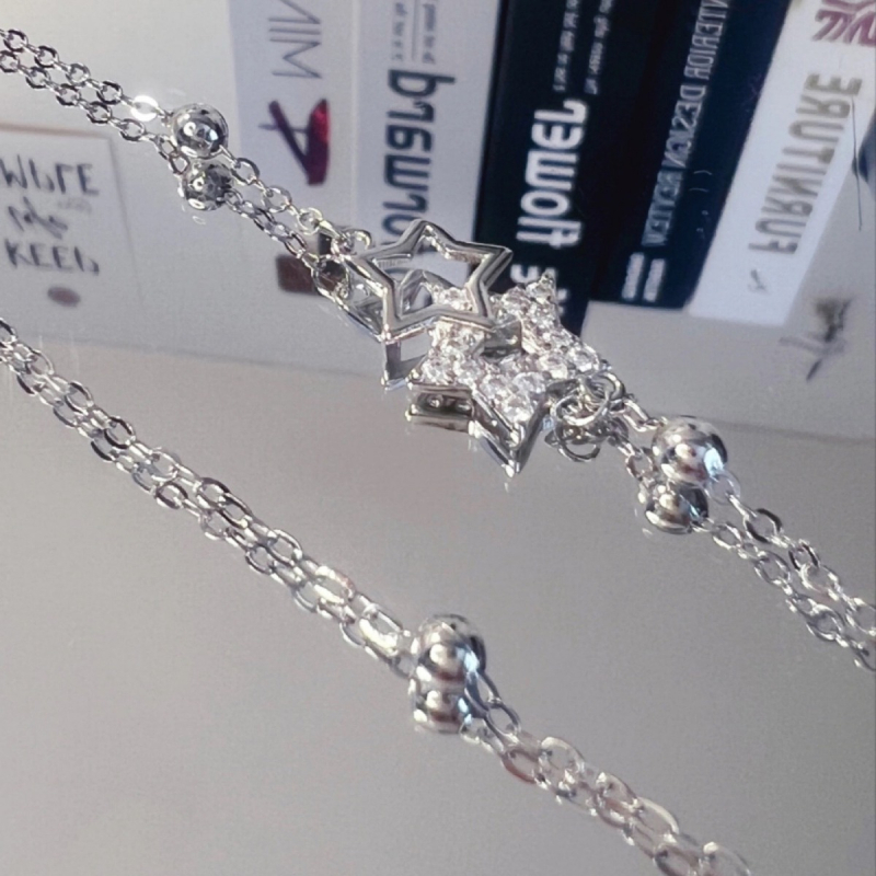 Ženski dvostruki sloj narukvice s petokrakom zvijezdom, šumski stil, slatka priča o zvijezdama s perlama sreće, složeni nakit