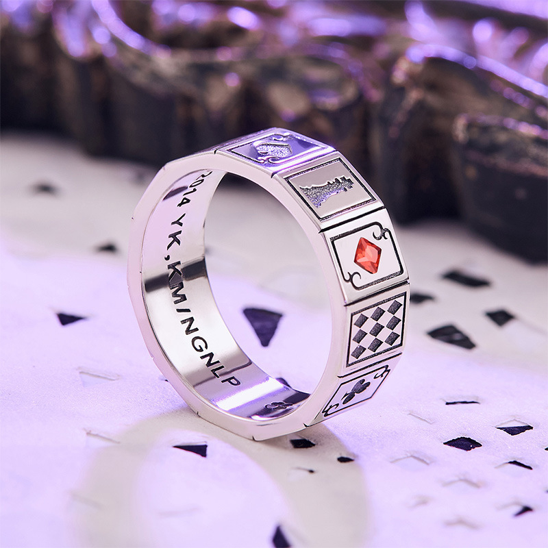 Muški prsten s temom pravila igre – prsten za kažiprst inspiriran anime stilom, s antiknim thai srebrnim završetkom i motivom poker karata