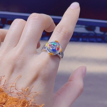 S925 srebrni prsten s retro cloisoné emajlom, rotirajući prsten s ribama (zodijak), podesivi otvoreni prsten