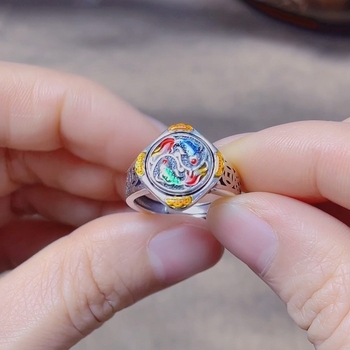 S925 srebrni prsten s retro cloisoné emajlom, rotirajući prsten s ribama (zodijak), podesivi otvoreni prsten