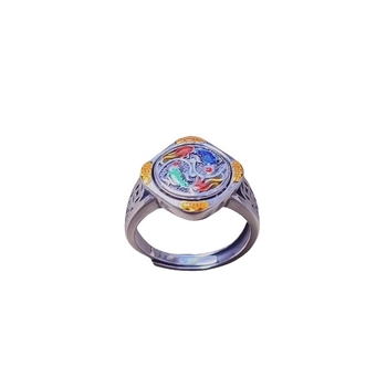 S925 srebrni prsten s retro cloisoné emajlom, rotirajući prsten s ribama (zodijak), podesivi otvoreni prsten
