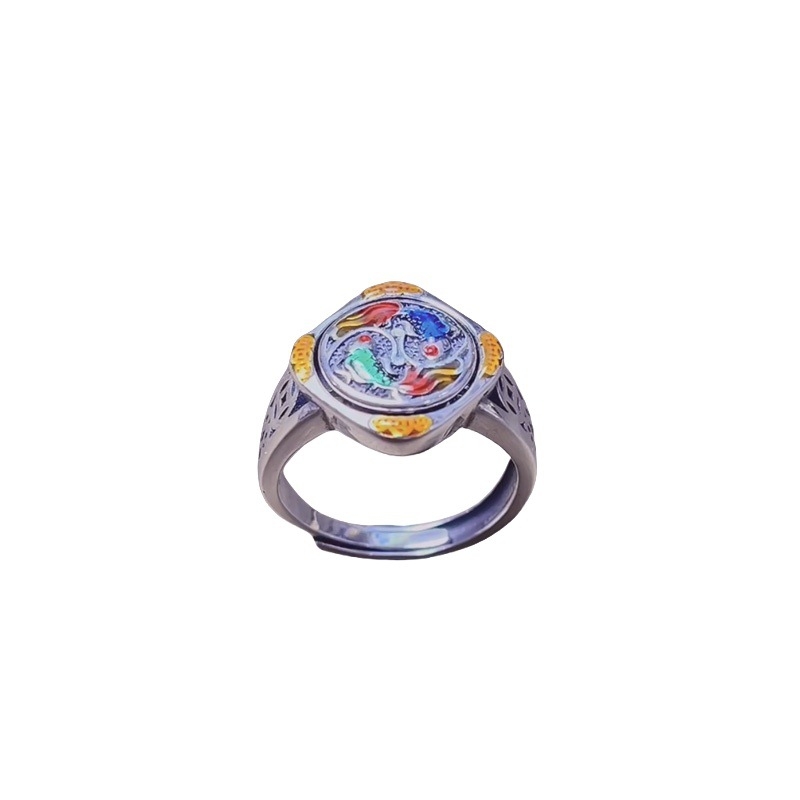 S925 srebrni prsten s retro cloisoné emajlom, rotirajući prsten s ribama (zodijak), podesivi otvoreni prsten