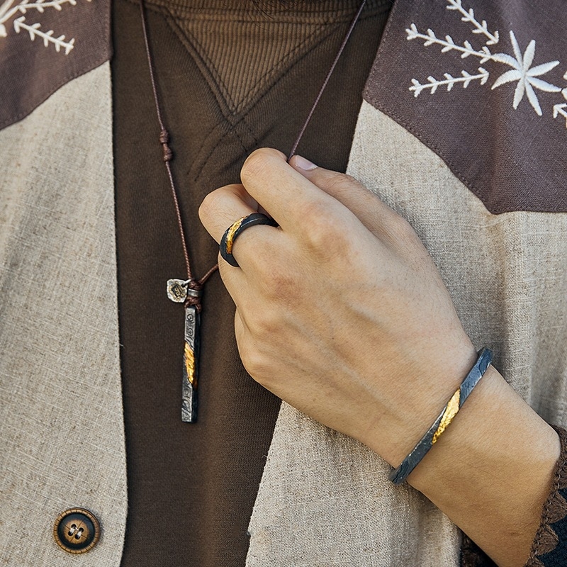 Flowing Fire prsten – unisex, ručna izrada, crni bakar, otvoren i prilagodljiv, za kažiprst, vintage stil