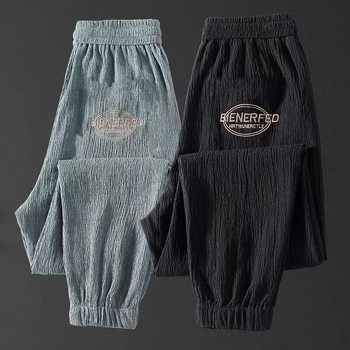 Лятни мъжки леки панталони със свободна кройка, дишащи ice-silk, спортни джогъри с маншети, харам стил, къса дължина
