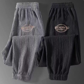 Лятни мъжки леки панталони със свободна кройка, дишащи ice-silk, спортни джогъри с маншети, харам стил, къса дължина