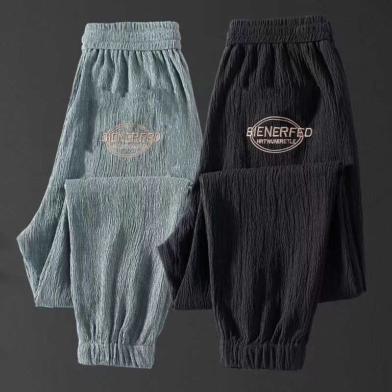 Лятни мъжки леки панталони със свободна кройка, дишащи ice-silk, спортни джогъри с маншети, харам стил, къса дължина