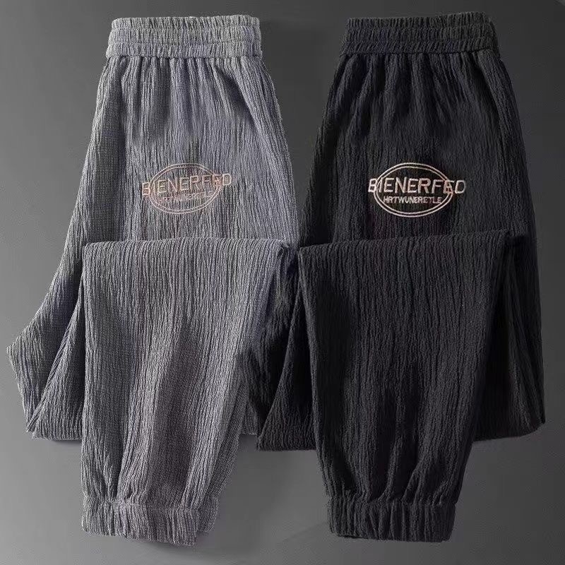 Лятни мъжки леки панталони със свободна кройка, дишащи ice-silk, спортни джогъри с маншети, харам стил, къса дължина