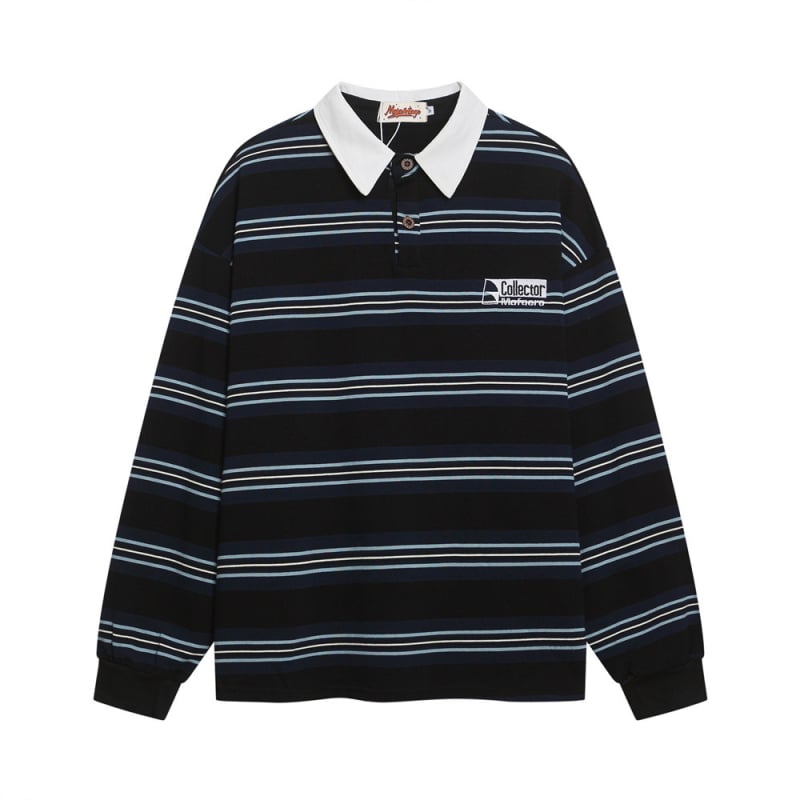 Muško polo s prugastim uzorkom, dugih rukava, ležernog kroja, retro kontrastni ovratnik, casual pamuk