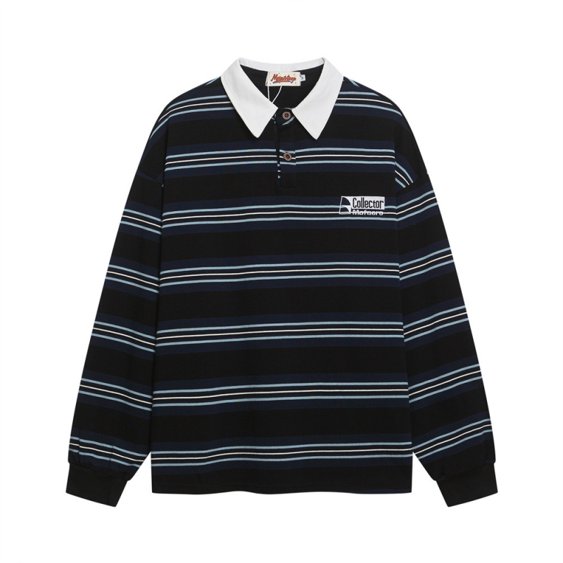 Muško polo s prugastim uzorkom, dugih rukava, ležernog kroja, retro kontrastni ovratnik, casual pamuk