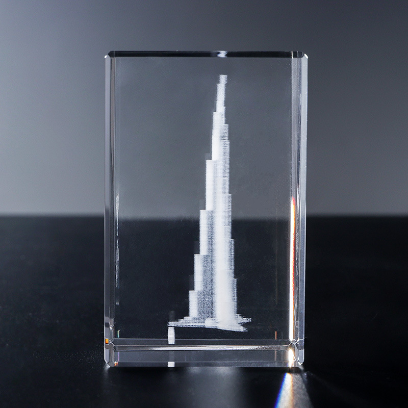 Burj Khalifa kristalna reljefna gravura - panoramski pejzaž, turistički suvenir, kućni dekor
