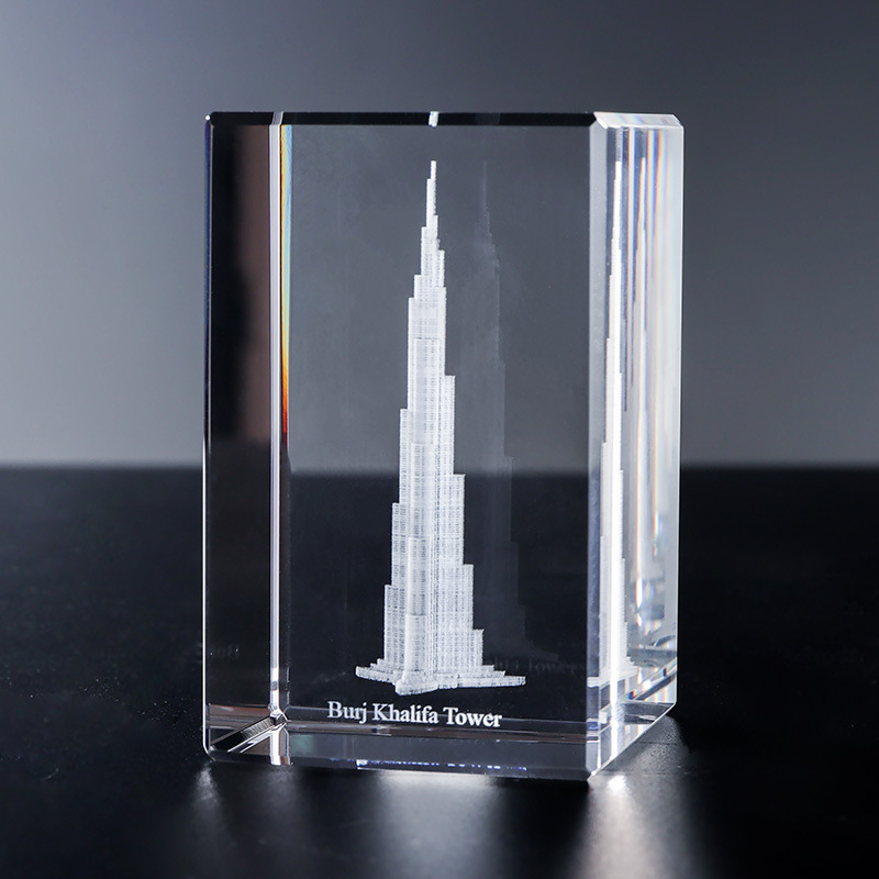 Burj Khalifa kristalna reljefna gravura - panoramski pejzaž, turistički suvenir, kućni dekor