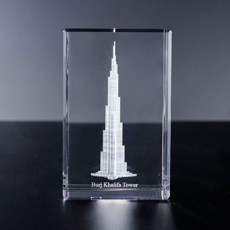 Burj Khalifa kristalna reljefna gravura - panoramski pejzaž, turistički suvenir, kućni dekor