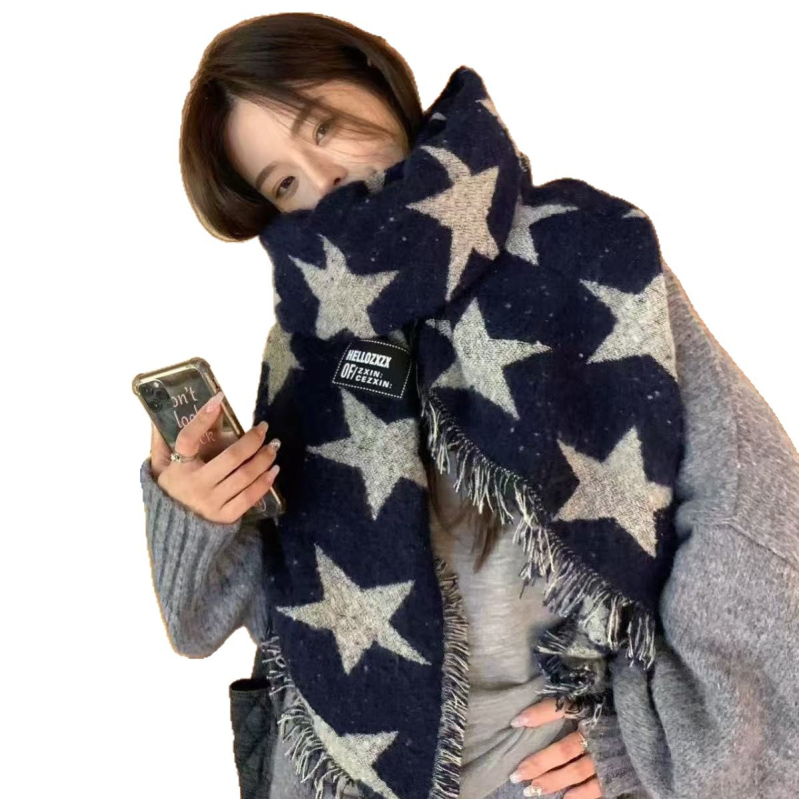 Amerikai stílusú csillagmintás sál, vastag és meleg téli darab, kockás mintázattal, hosszú 200 × 60 cm, bojtokkal, uniszex