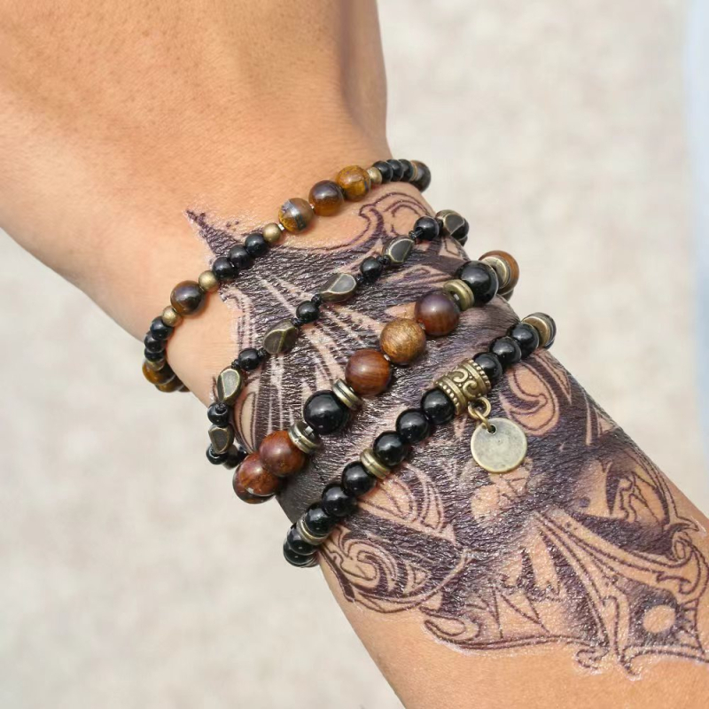 Boemski stil unisex narukvica s okruglim kuglicama od tigrovog oka i crnog dijamanta, elastična konca, DIY set od 4 komada