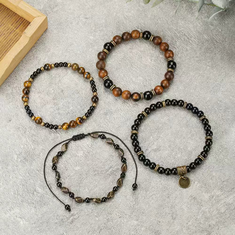 Boemski stil unisex narukvica s okruglim kuglicama od tigrovog oka i crnog dijamanta, elastična konca, DIY set od 4 komada
