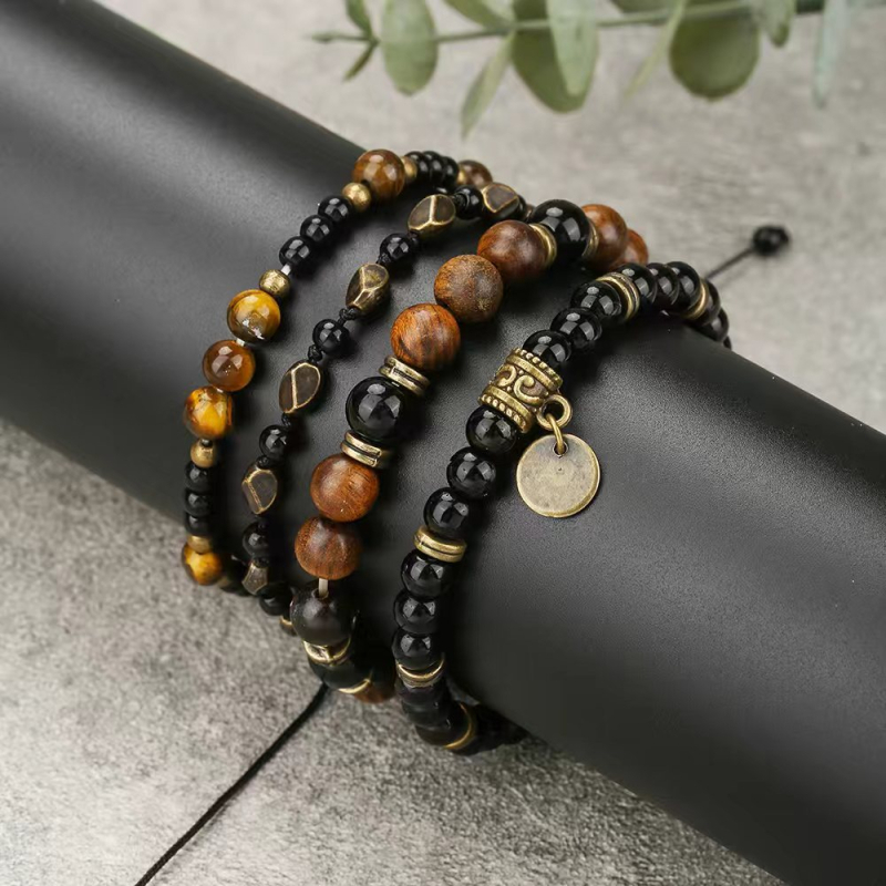 Boemski stil unisex narukvica s okruglim kuglicama od tigrovog oka i crnog dijamanta, elastična konca, DIY set od 4 komada