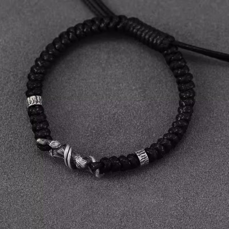 Xinqi Jewelry driftwood narukvica za muškarce - tamni stil, minimalistički, pleteni konopac, vintage istrošeno Thai silver nakit