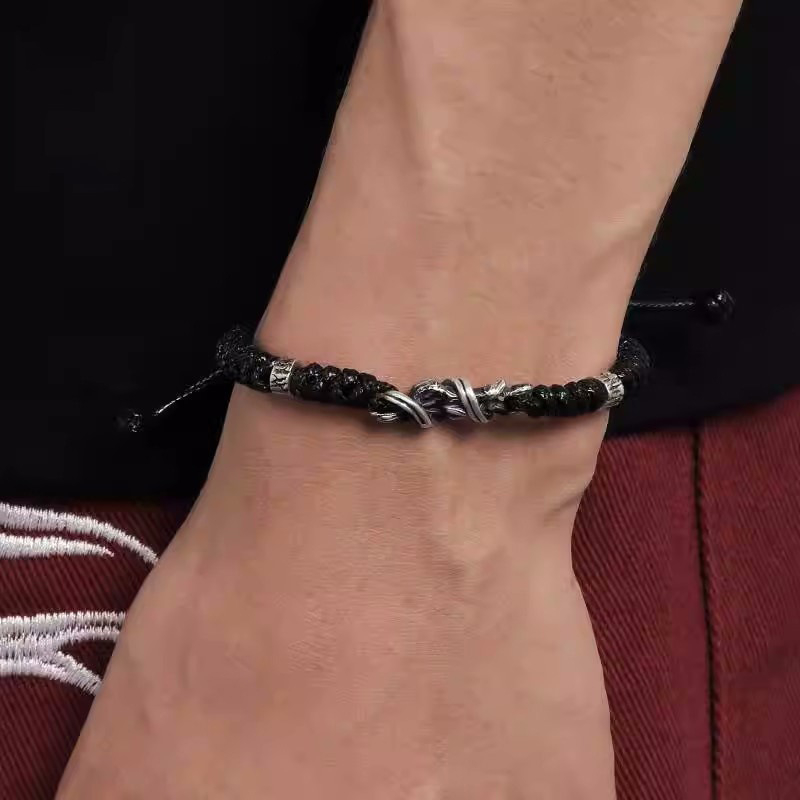 Xinqi Jewelry driftwood narukvica za muškarce - tamni stil, minimalistički, pleteni konopac, vintage istrošeno Thai silver nakit