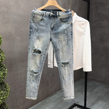 Muške ripped slim-fit traperice od denima, ljetne plave, do gležnja, modernog stila