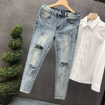 Muške ripped slim-fit traperice od denima, ljetne plave, do gležnja, modernog stila