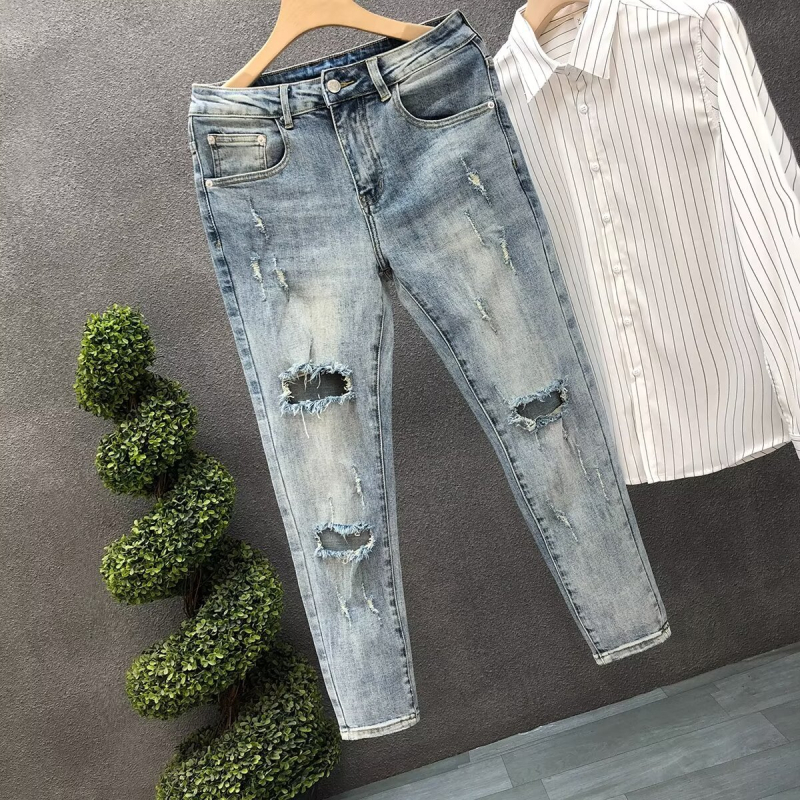 Muške ripped slim-fit traperice od denima, ljetne plave, do gležnja, modernog stila