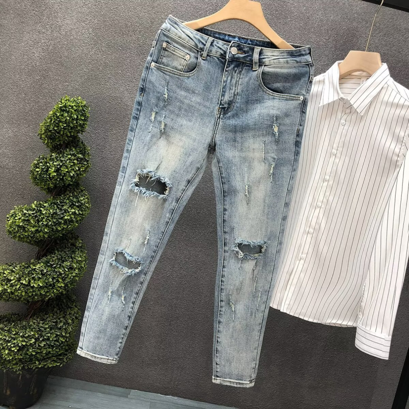 Muške ripped slim-fit traperice od denima, ljetne plave, do gležnja, modernog stila