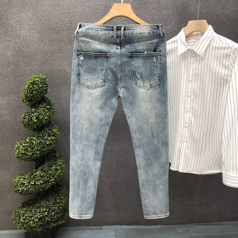 Muške ripped slim-fit traperice od denima, ljetne plave, do gležnja, modernog stila
