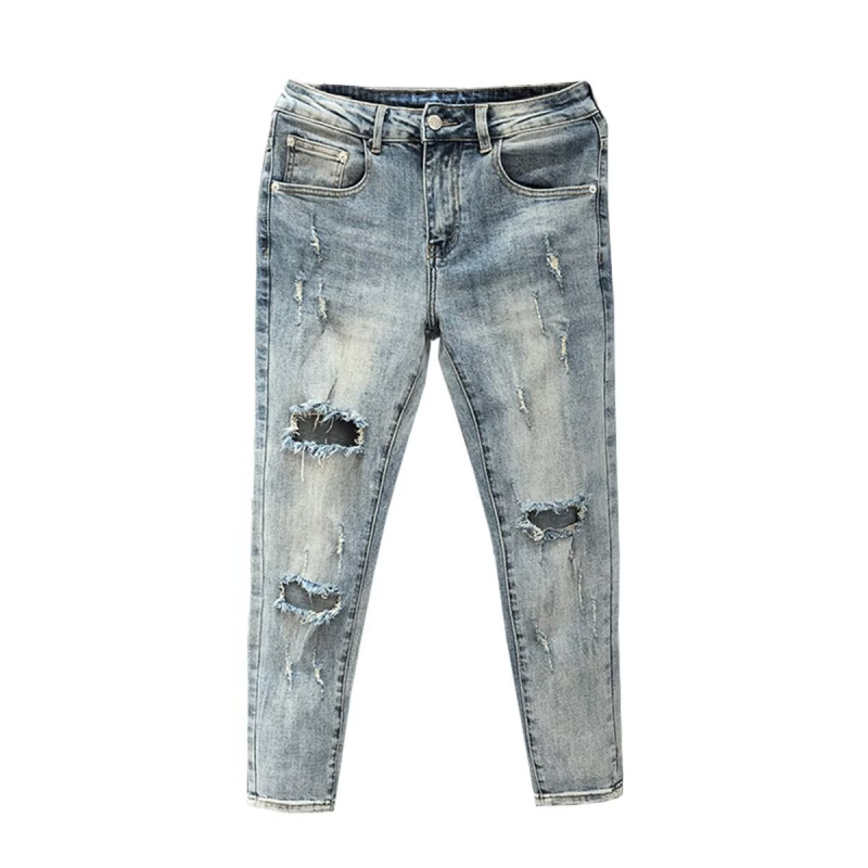 Muške ripped slim-fit traperice od denima, ljetne plave, do gležnja, modernog stila