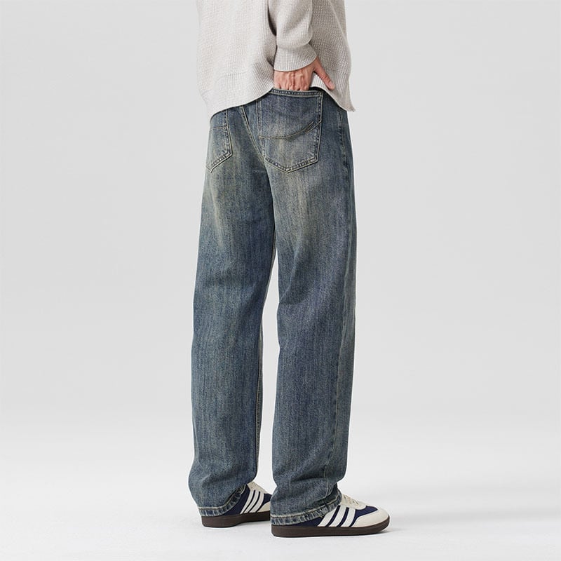 Muške traperice za jesen/zimu s ravnim krojem, opuštena silueta, elastični pamuk-denim, vintage pranje