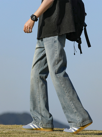 Пролетно-лятни Bootcut дънки, едноцветни, ретро стил Хонгконг, свободна права кройка, мъжки ежедневни панталони