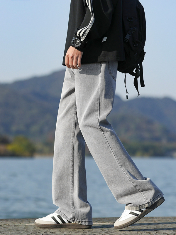 Пролетно-лятни Bootcut дънки, едноцветни, ретро стил Хонгконг, свободна права кройка, мъжки ежедневни панталони