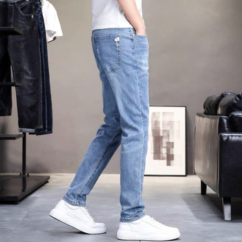 Мъжки дънки Slim-Fit Straight, корейски стил, висококачествен еластичен деним, светло пране, ежедневни панталони с пет джоба, средна талия, цип.