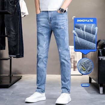Мъжки дънки Slim-Fit Straight, корейски стил, висококачествен еластичен деним, светло пране, ежедневни панталони с пет джоба, средна талия, цип.