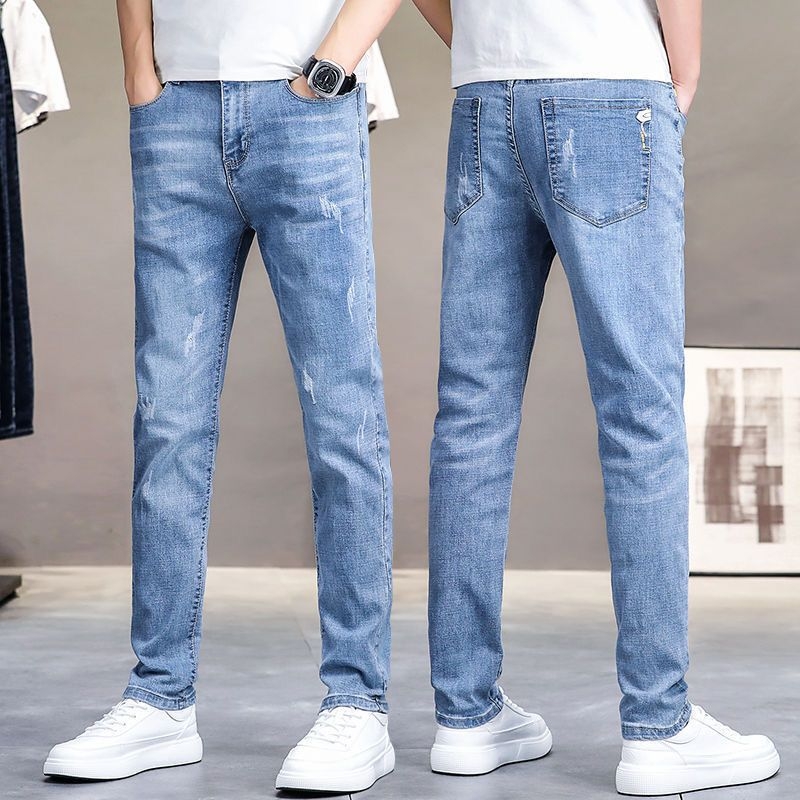 Мъжки дънки Slim-Fit Straight, корейски стил, висококачествен еластичен деним, светло пране, ежедневни панталони с пет джоба, средна талия, цип.
