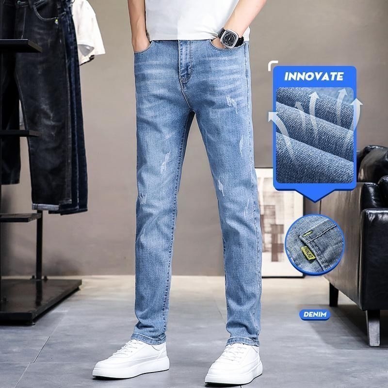 Мъжки дънки Slim-Fit Straight, корейски стил, висококачествен еластичен деним, светло пране, ежедневни панталони с пет джоба, средна талия, цип.