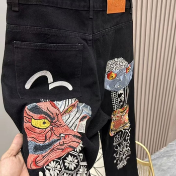 Мъжки дънки с прав крак, голяма бродерия с монограм M и принт, еластични, slim-fit кройка, деним