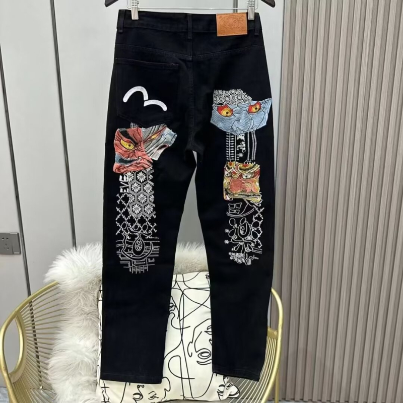Мъжки дънки с прав крак, голяма бродерия с монограм M и принт, еластични, slim-fit кройка, деним