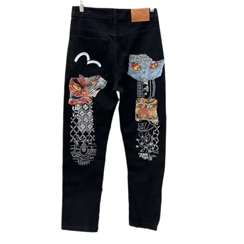 Мъжки дънки с прав крак, голяма бродерия с монограм M и принт, еластични, slim-fit кройка, деним