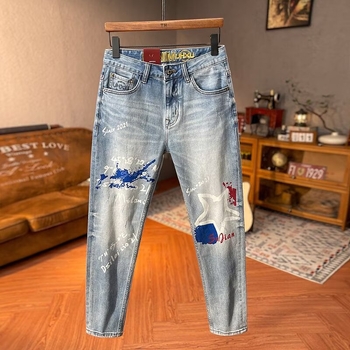 Мъжки дънки със уникален дизайн и висококачествен принт, Slim-Fit, измит ефект, стил американски хай стрийт