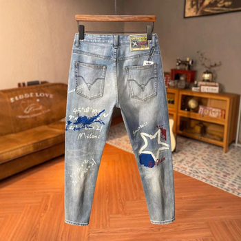 Мъжки дънки със уникален дизайн и висококачествен принт, Slim-Fit, измит ефект, стил американски хай стрийт