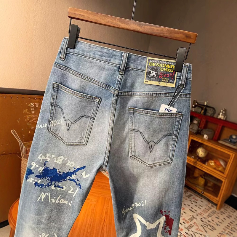 Мъжки дънки със уникален дизайн и висококачествен принт, Slim-Fit, измит ефект, стил американски хай стрийт