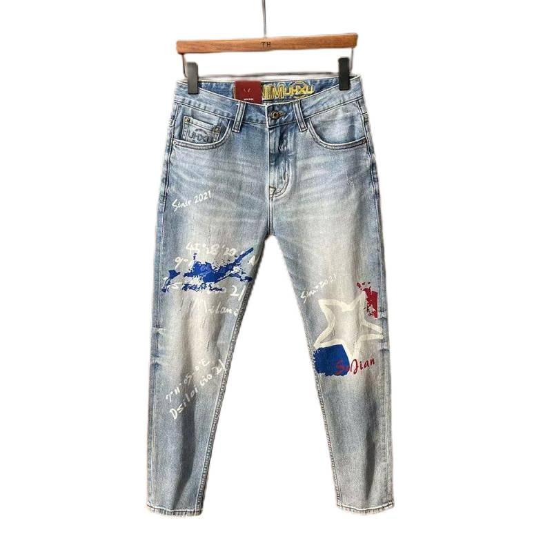 Мъжки дънки със уникален дизайн и висококачествен принт, Slim-Fit, измит ефект, стил американски хай стрийт